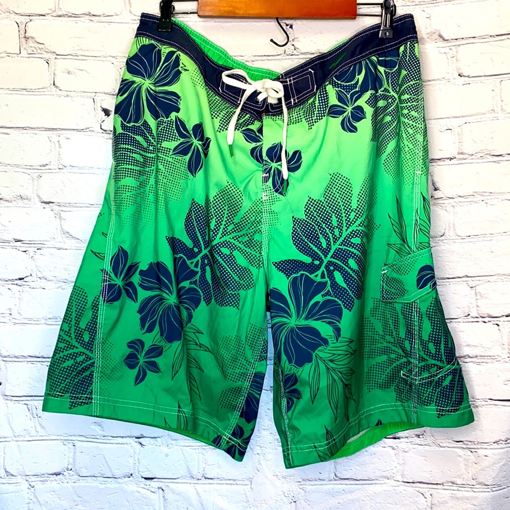 Speedo Blue & Green Hibiscus Swim Trunks Size X-Large